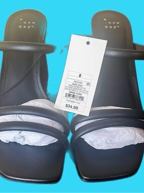 A New Day Black Padded Double-Strap Square-Toe Slides 8 NIB